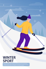 Sport activity illustration with skier in sports suit. Sportsman on downhill. Skiing in the mountains. Vector illustration.