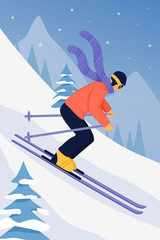 Sport activity illustration with skier in sports suit. Sportsman on downhill. Skiing in the mountains. Vector illustration.