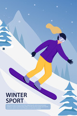 Extreme sport activity. Illustration with snowboarder in sports suit. Sportsman on downhill. Snowboarding in the mountains. Vector illustration.