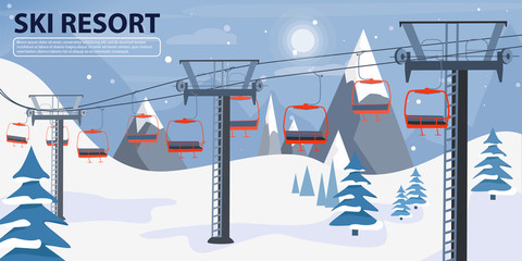 Ski resort banner illustration with ski lift. Winter landscape with mountains, fir trees and snow hills. Vector illustration.