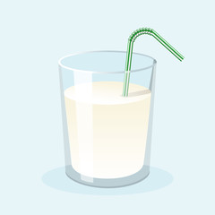 Glass of fresh milk with drinking straw. Vector illustration