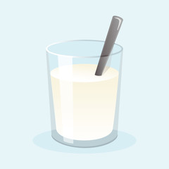 Glass of fresh milk with sugar and spoon. Vector illustration