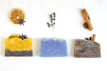 Natural cosmetic soaps with a variety of odors and ingredients, spa body skin care.