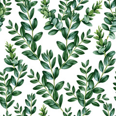 Fototapeta na wymiar Seamless pattern made of green leaves with brunches. Watercolor illustration of buxus foliage. Hand drawn pattern perfect for textile and gift wrapping paper. Isolated on white background.
