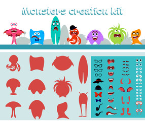 Cute cartoon monster creation kit in flat style, Monsters body parts big set building icon. Colorful kids toy cute monster. Vector illustration halloween constructor elements © whilerests