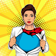 Pop art female superhero. Young sexy woman dressed in white jacket shows superhero t-shirt. Vector illustration in retro pop art comic style.