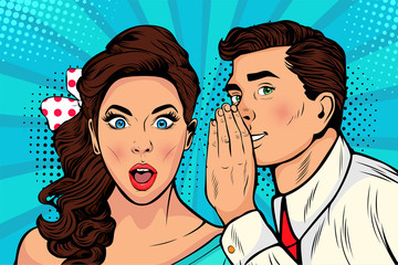 Man whispering gossip or secret to his girlfriend or wife. Colorful illustration in pop art retro comic style.  © Brazhyk