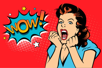 Sexy surprised blonde pop art woman with wide open eyes and mouth and rising hands screaming. Vector background in comic retro pop art style. Party invitation. - obrazy, fototapety, plakaty