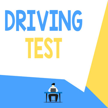 Handwriting text Driving Test. Conceptual photo procedure to test a demonstrating s is ability to drive a motor vehicle View young man sitting chair desk working open laptop geometric background
