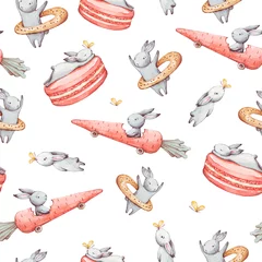 Behang Schattig aquarel naadloos patroon. Behang met partij cupcakes en mooie fantasie bunneis tekenfilm dieren op witte achtergrond. Hand getekende vintage textuur. © Tatiana 