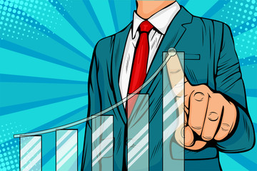 Businessman pointing arrow graph corporate future growth plan. Business concept of development to success and growing growth. Vector illustration in pop art retro comic style