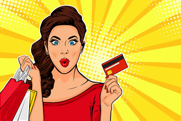 WOW sexy young girl with bags and credit card. Vector illustration in pop art retro comic style sale
