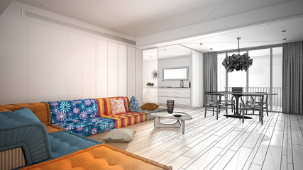 Architect interior designer concept: unfinished project that becomes real, minimalist living room with kitchen and dining table, lamp, panoramic window, modern architecture concept