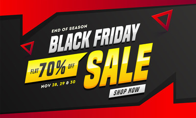 Advertising banner or poster design with 70% discount offer on red and black background for Black Friday Sale.