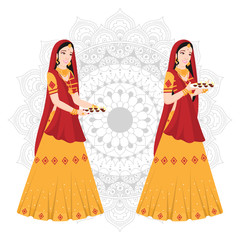 Obraz na płótnie Canvas Beautiful women holding plate of oil lamp (Diya) on mandala pattern background.