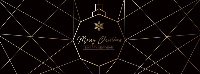Merry Christmas and Happy New Year winter card vector illustration. Black and gold banner with greeting and geometric lines and snowflake symbol. Holiday card with wishes and snow sign