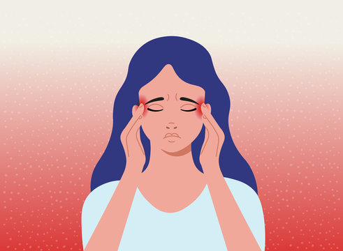 Headache. The Woman Having Headache, Migraine. Cartoon Vector Illustration.