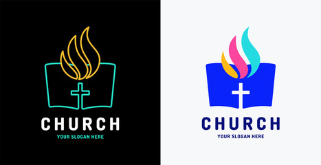 Church vector logo. The open bible and Holy Spirit fire flame