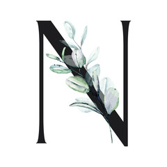 Letter n, Floral alphabet with watercolor leaves eucalyptus. Monogram initials perfectly for wedding invitations, greeting card, logo, poster and other design. Holiday decoration hand painting.