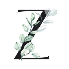 Letter z, Floral alphabet with watercolor leaves eucalyptus. Monogram initials perfectly for wedding invitations, greeting card, logo, poster and other design. Holiday decoration hand painting.