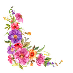Watercolor corner ornament of bright flowers. Floral frame element for greeting cards, invitations, and other designs.