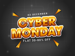 Sticker style golden text Cyber Monday decorated with 3d geometric elements and 30-80% discount offer for Sale.