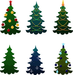 Set of Christmas trees. Beads and garlands, toys and stars. Multi-colored balls and figures. Decor for the party. Design for posters, banners, flyers.