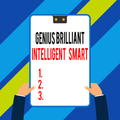 Word writing text Genius Brilliant Intelligent Smart. Business photo showcasing Clever Bright Knowledge Intelligence Two executive male hands holding electronic device geometrical background