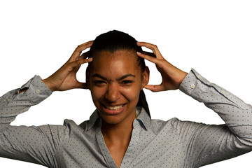 Young stressed businesswoman holding her head