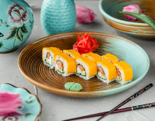 Sushi with avocado mayonnaise and cheese
