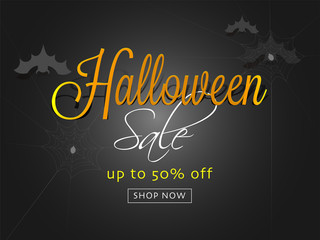 Advertising banner or poster design with spider web, bats and 50% discount offer for Halloween Sale.