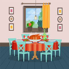 Holiday table with food and window. Modern cozy dining room interior with  table with chairs, paintings, window, indoor plants. Vector illustration flat cartoon style.