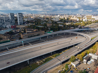highway in the eastern part of the metropolis with a beautiful landscape of the city, road junctions, top view from a flying drone, copter,Moscow,Russia