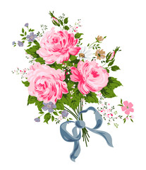 Pink roses bouquet with blue silk ribbon. Vector illustration.