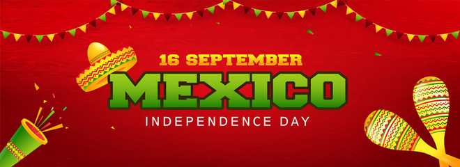 Website header or banner design with illustration of sombrero hat, maracas and party popper on red background for 16 September, Mexico Independence Day celebration.
