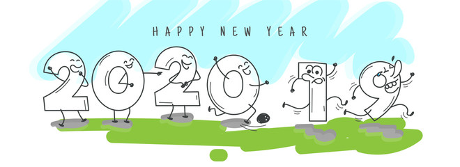 Funny cartoon number of 2020 welcome happy new year and going 2019 on abstract background. Header or banner design.