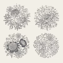 Reihe von Blumendekorationen. Blumensträuße aus Gartenpfingstrosen und anderen Blumen. © marinavorona