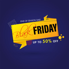 Black Friday Sale ribbon with 50% discount offer on blue background for Advertising concept.