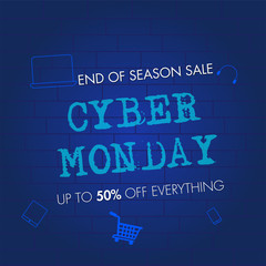 End of season sale poster or template design with shopping elements and 50% discount offer on blue brick wall background for Cyber Monday.
