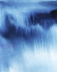 Abstract watercolor background. Streaks dark blue ink texture paper. spilled horizontal spots Deep blue color Gradient from dark to light. Coarse Grain. Night sky Rain clouds. Hand drawn illustration