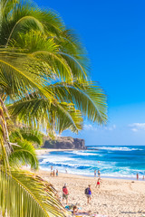 tropical beach with palms trees, Boucan Canot, Réunion 