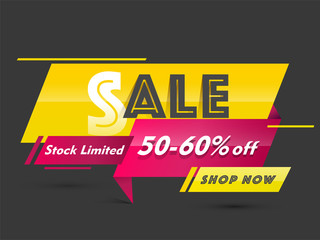 Sale label, ribbon or poster design with 50-60% discount offer on grey background.