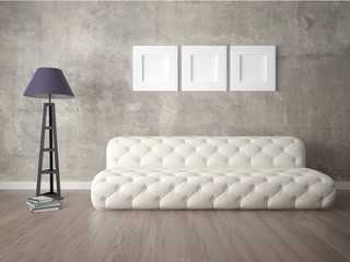 Mock up a stylish living room with an original stylish sofa and a trendy hipster background.
