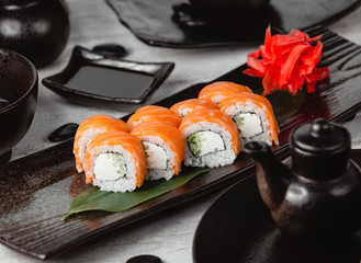 Fish sushi with mayonnaise and cucumber