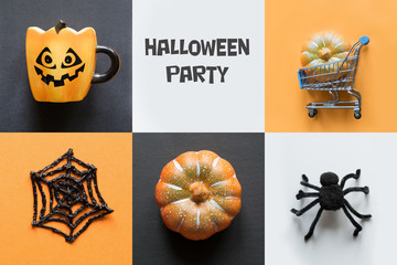Halloween holiday collage of pumpkin, web, spider, cup, decorations. View from above. Flat lay.