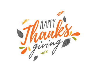 Fototapeta na wymiar Stylish text of Happy Thanksgiving decorated with leaves on white background.