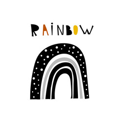 cute cartoon rainbow. Baby design. Vector isolated illustrations with the inscription, decor elements, dots. Can be used for happy birthday greeting cards, baby shower, print, poster.