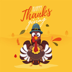 Illustration of turkey wearing pilgrim hat with autumn leaves on yellow background for Happy Thanksgiving celebration poster design.