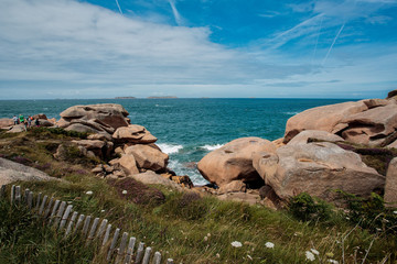 Bretonic Coast and Beach with Granite Rocks at the Cote de Granit Rose - Pink Granite Coast