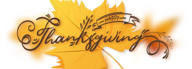 Stylish text of Happy Thanksgiving on maple leaves background can be used as header or banner design.